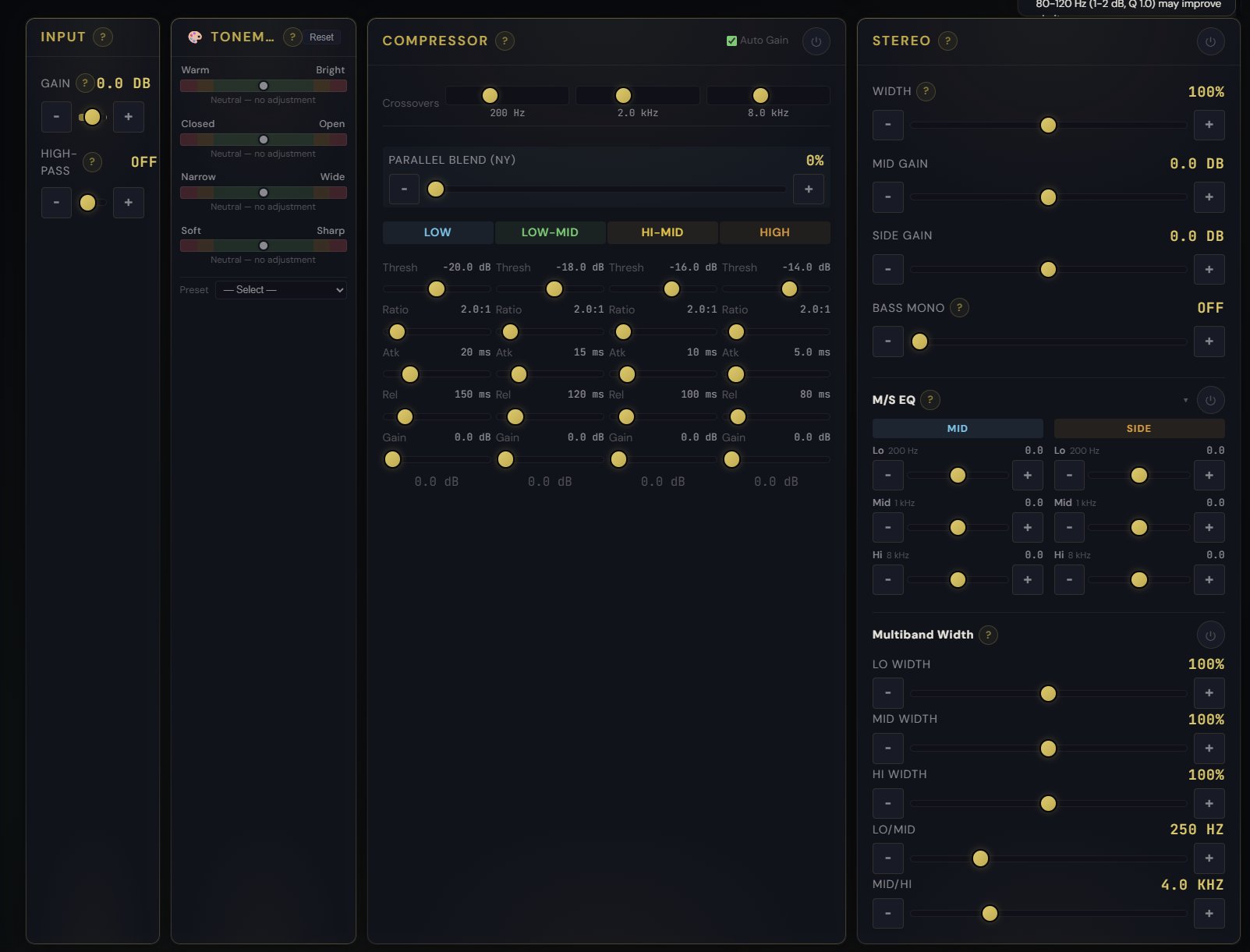 Pro Master central controls showing Input gain, ToneMap with four perceptual sliders (Warm/Bright, Closed/Open, Narrow/Wide, Soft/Sharp), four-band compressor with parallel blend, and stereo section with width, mid gain, side gain, bass mono, M/S EQ, and multiband width controls