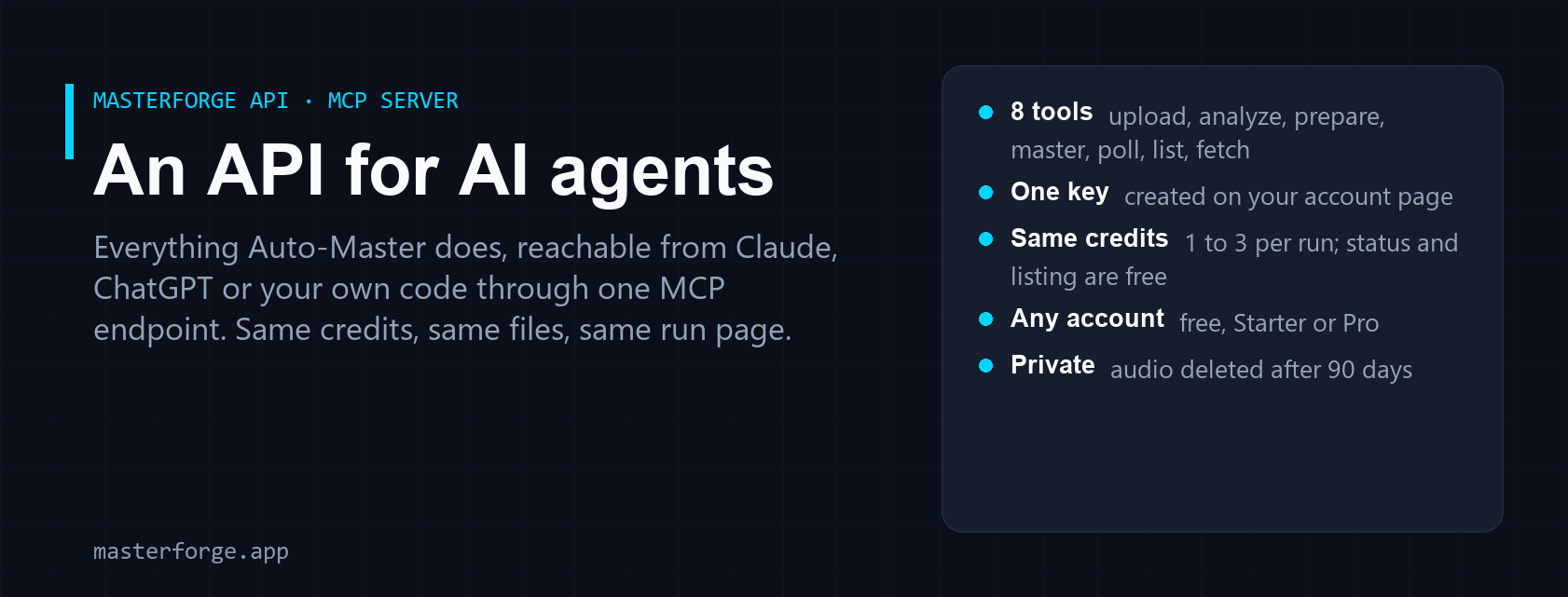 The MasterForge API: eight tools for AI agents, one key, the same credits as the site